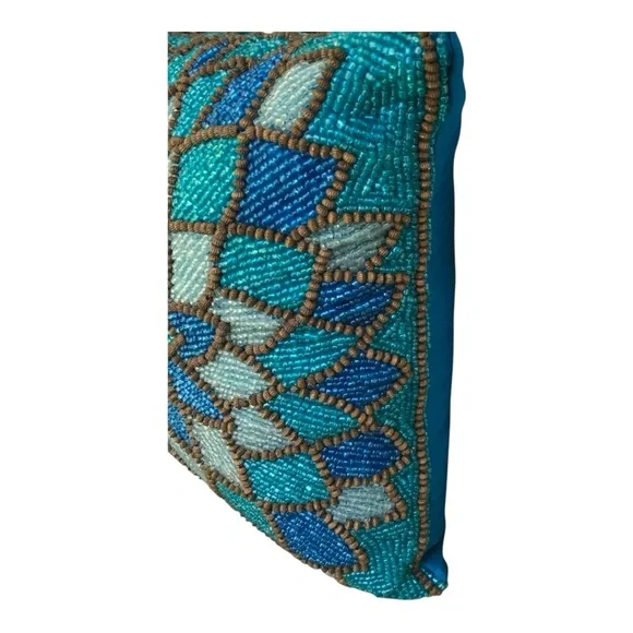 ***SOLD***Pier 1 Blue Multicolor Beaded Decorated Pillow. 11 X 11”. - Picture 2 of 6